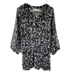 Chicos Animal Print Blouse Sz 2 (L) Black White 3/4 Sleeve Mob Wife Chiffon Work